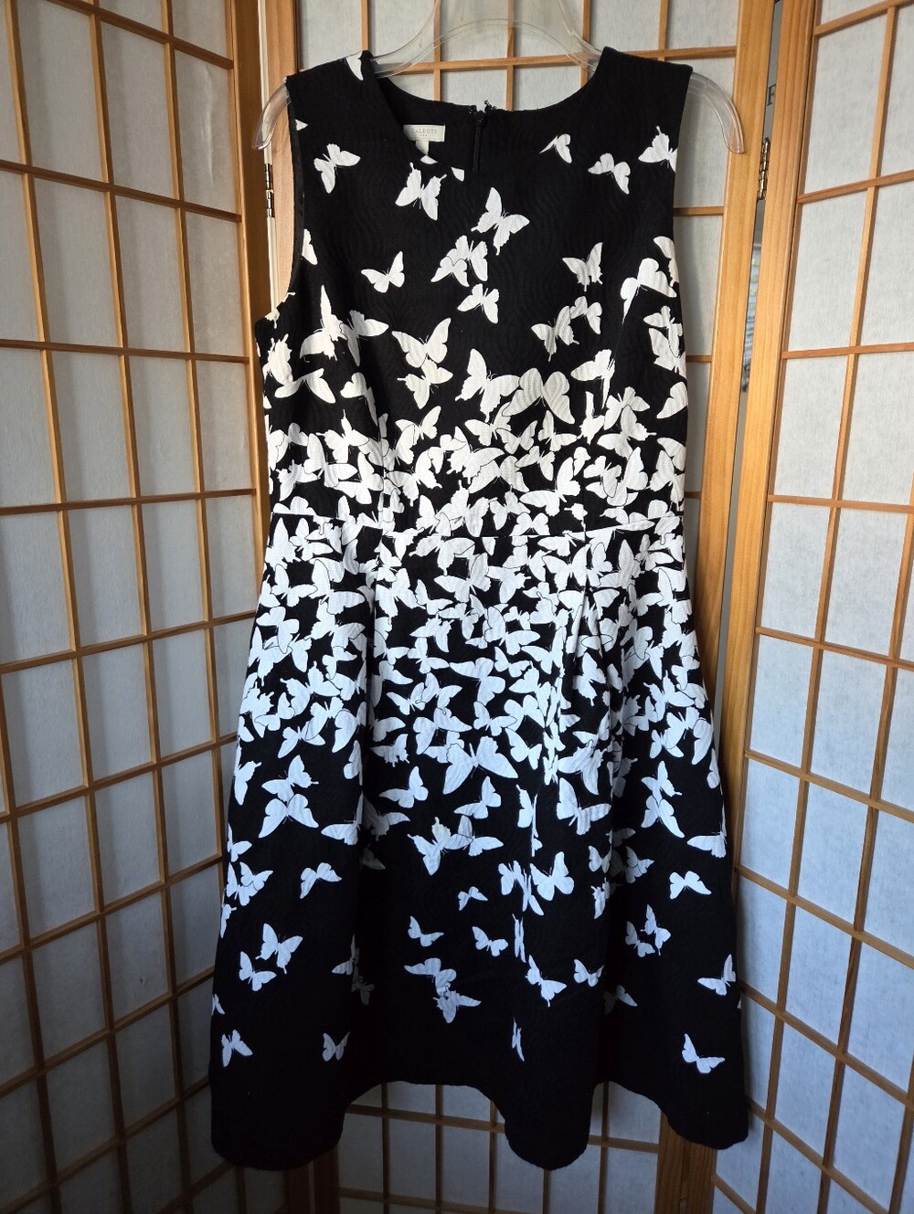 NEW TALBOTS BLACK WITH WHITE BUTTERFLIES COTTON FIT & FLARE KNEE LENGTH DRESS 10